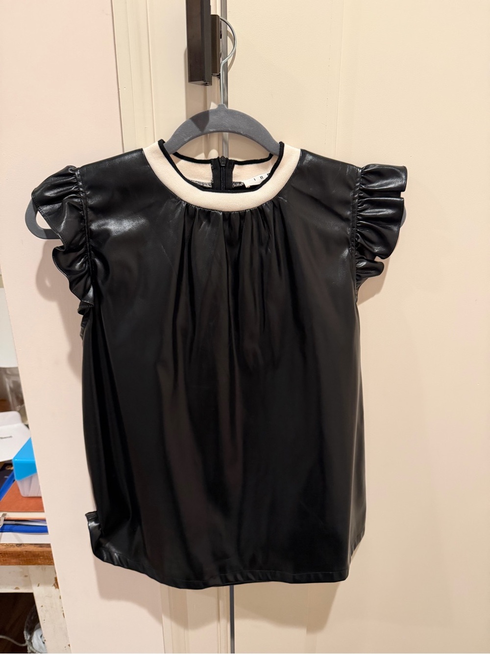 Black Faux Leather Ruffle Sleeve Top with Cream Trim